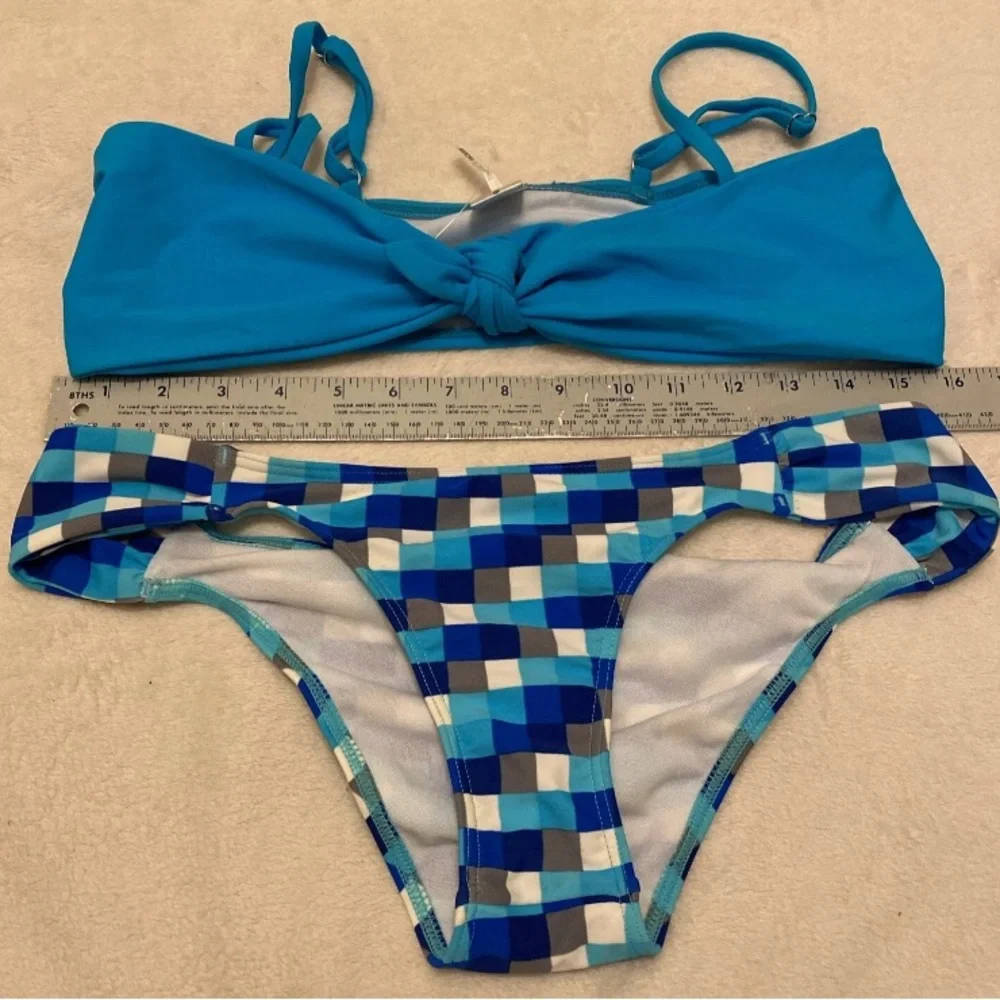Fashion Nova Blue Knotted Bikini with Gingham Bottoms
